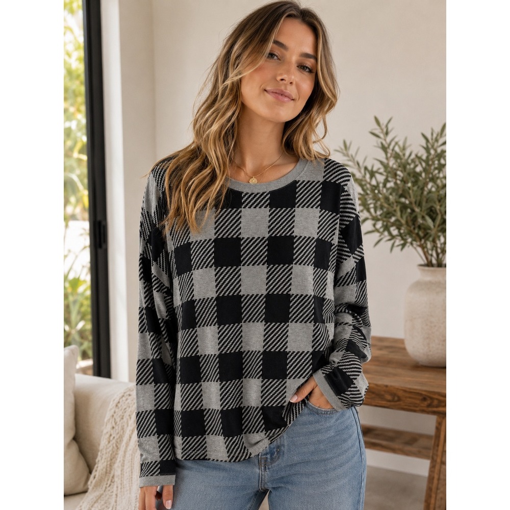 J.Jill Fit Black Gray Houndstooth Crewneck Long Sleeve Top Large Casual